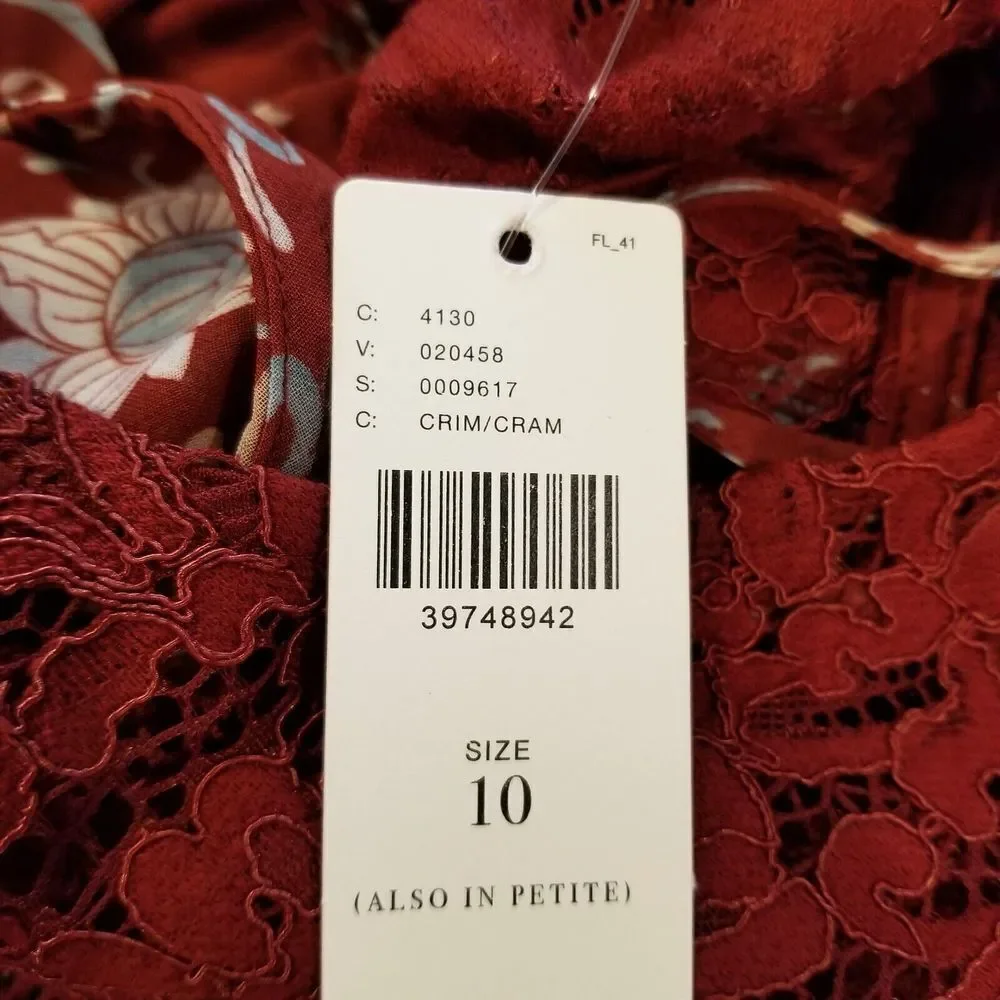 Anthropologie Tracy Reese Women Lace Pleated Midi Dress Size 10 Maroon Cap Sleev